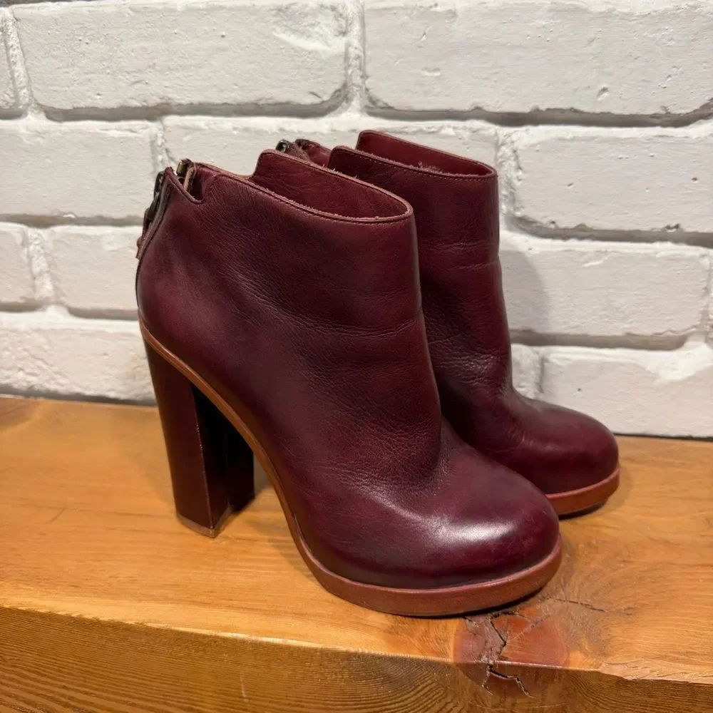 Dolce Vita Burgundy Leather Ankle Boots Chunky 70s Platform Block Heel Size 9.5